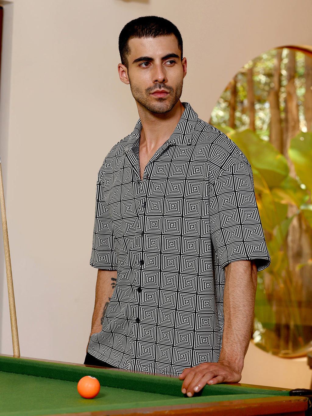Geometric Print Relaxed Fit Cuban Collar Shirt