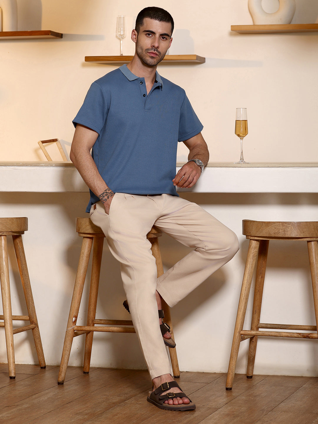 Blue Ribbed Knit Short Sleeve Polo T-Shirt
