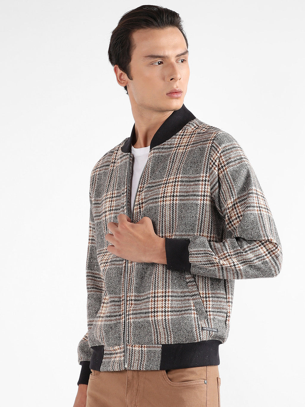 Tartan Plaid Jacket With Ribbed Hem