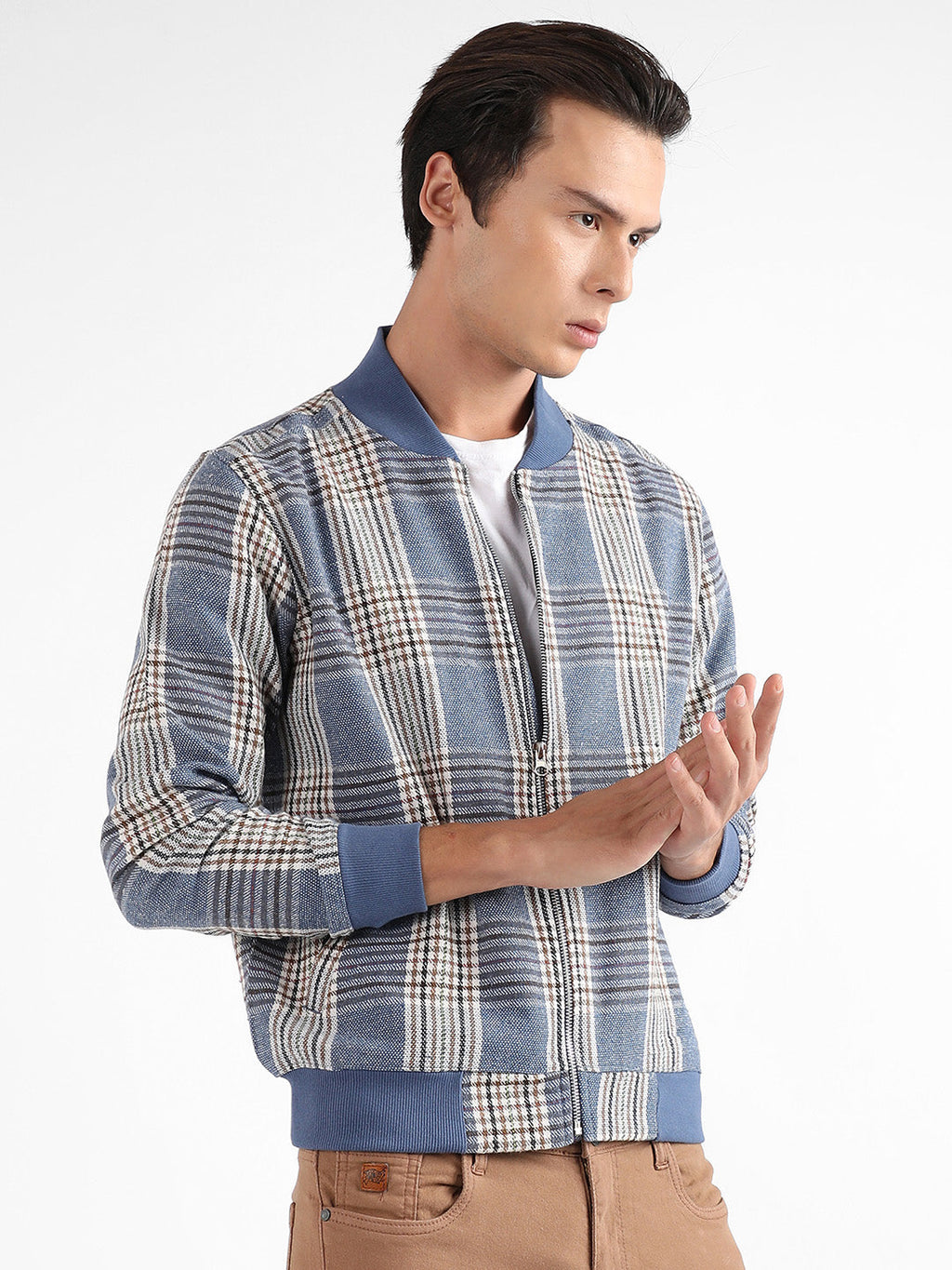 Tartan Plaid Jacket With Ribbed Hem