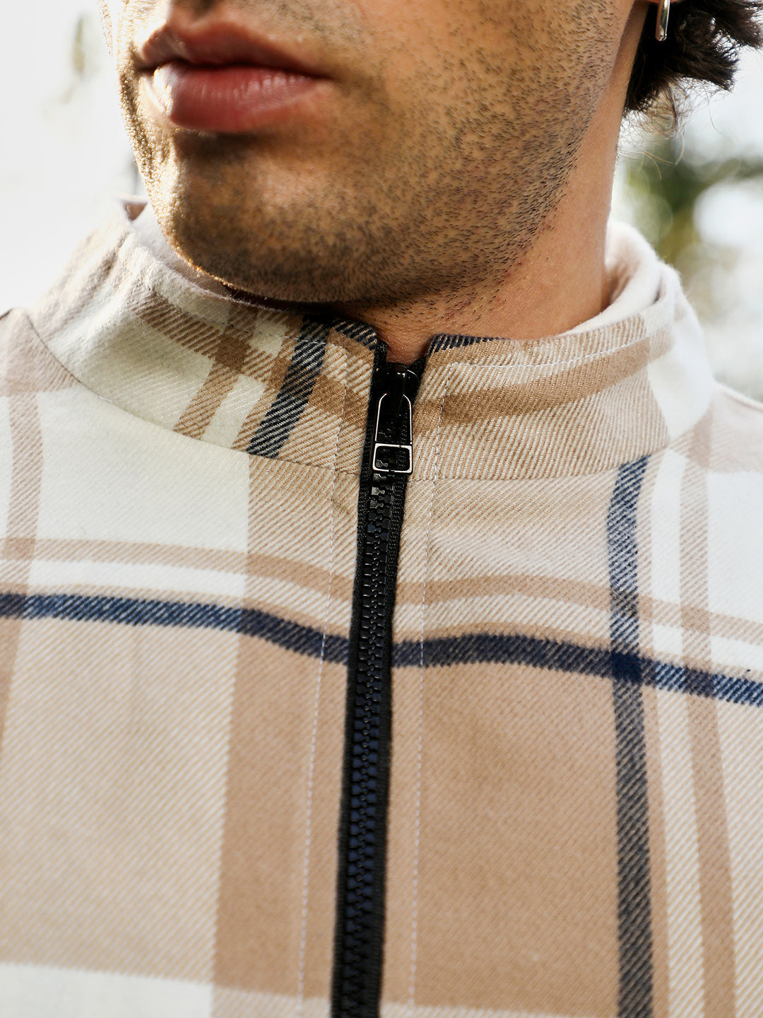 Zip-Front Brushed Plaid Jacket