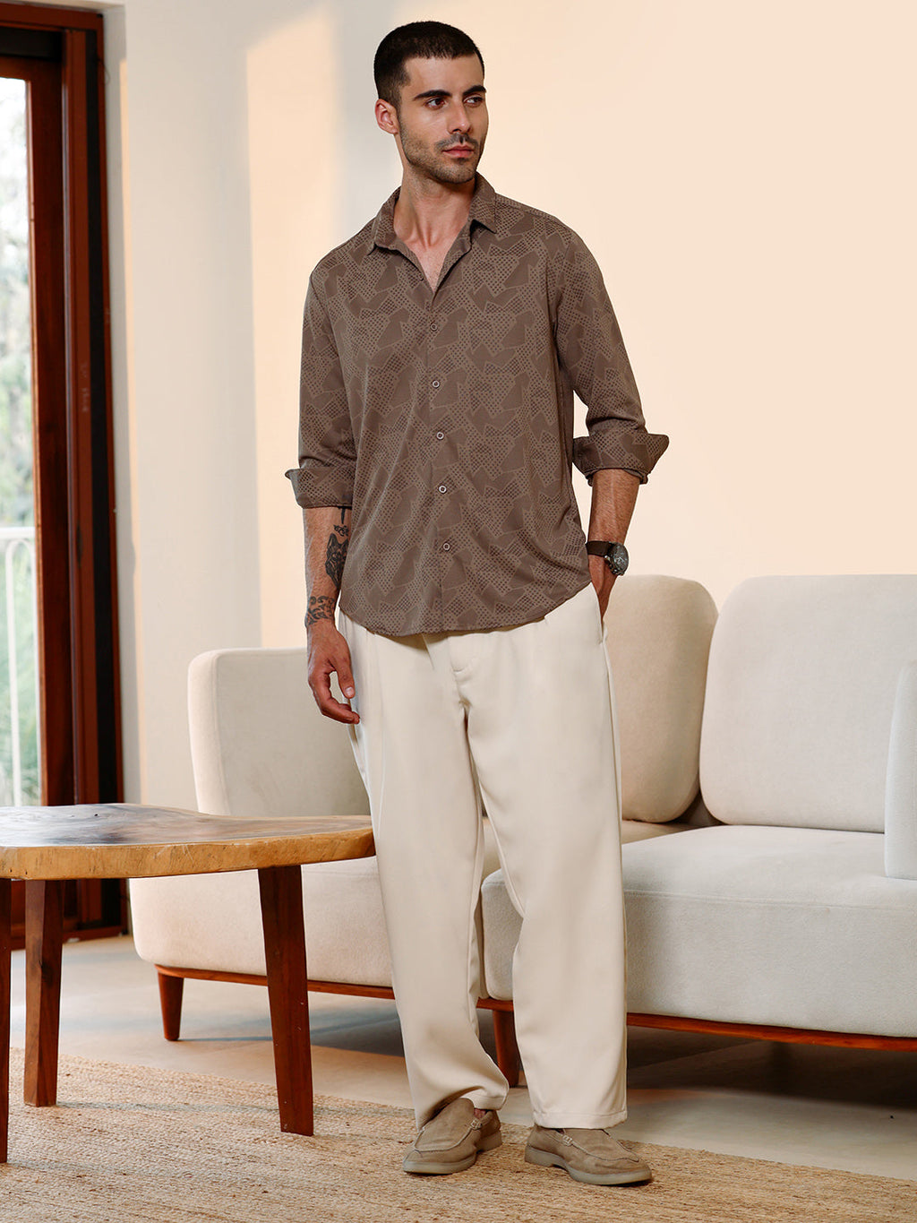 Brown Geometric Print Cuban Collar Shirt