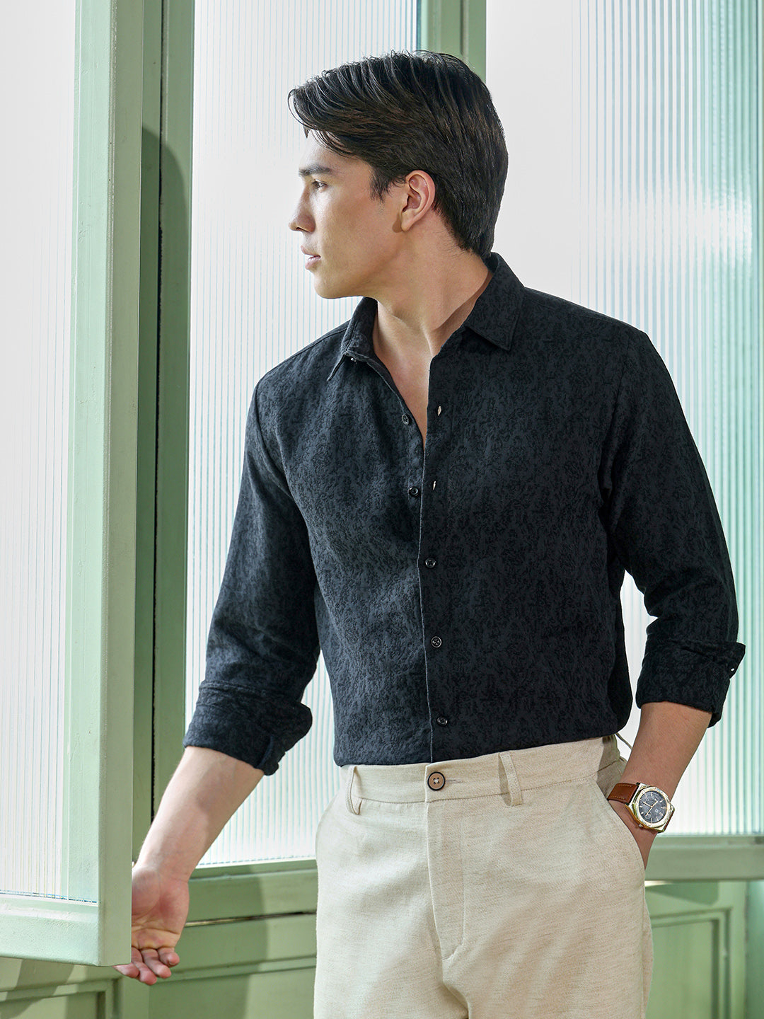 Men's Charcoal Grey Self Design Shirt
