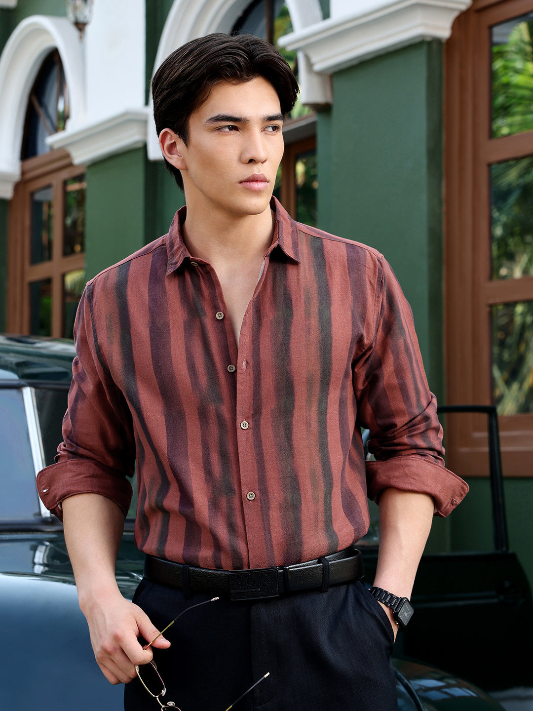 Men's Rust & Black Vertical Stripe Regular Fit Casual Shirt