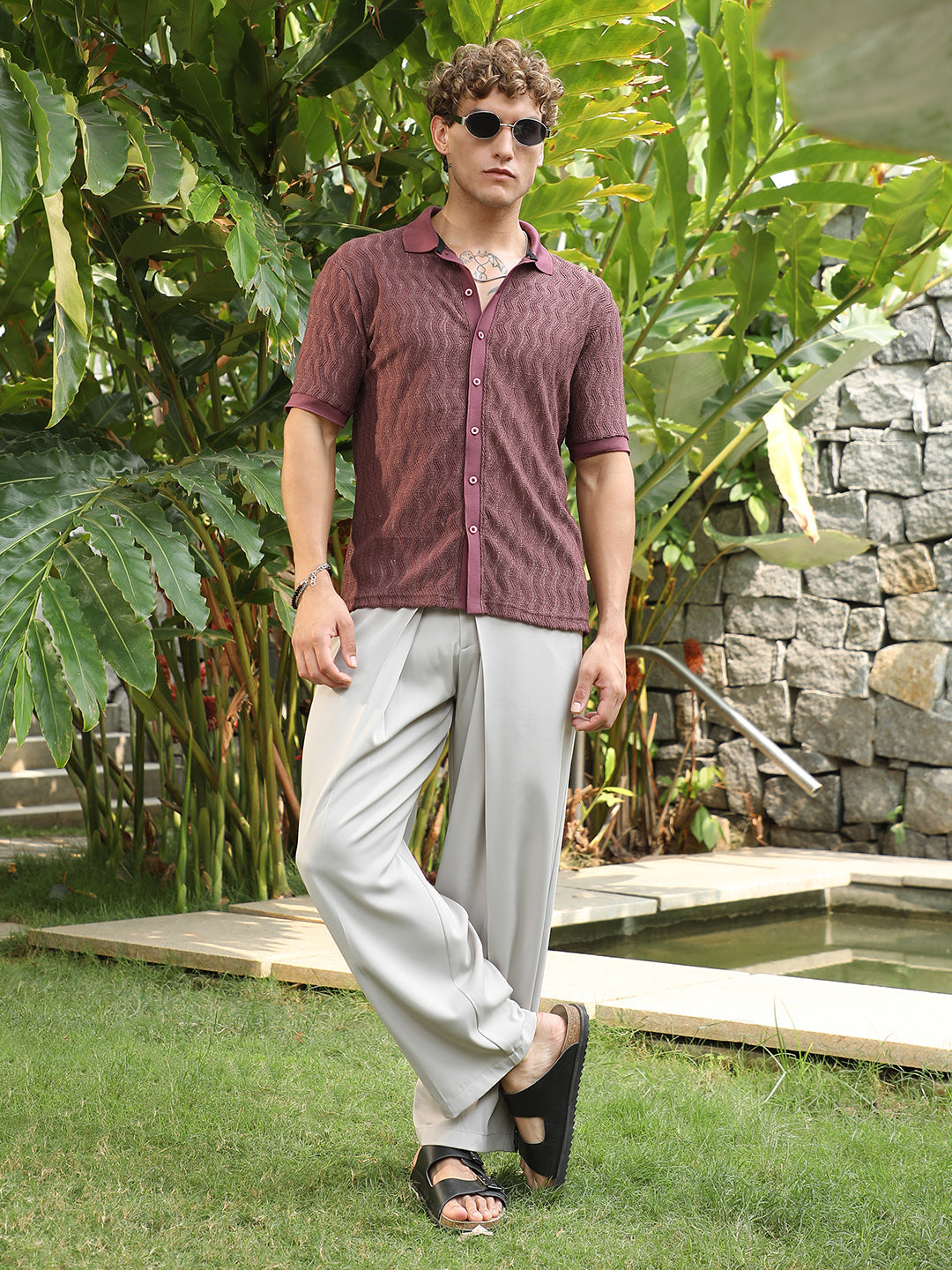 Burgundy Textured Cuban Collar Shirt