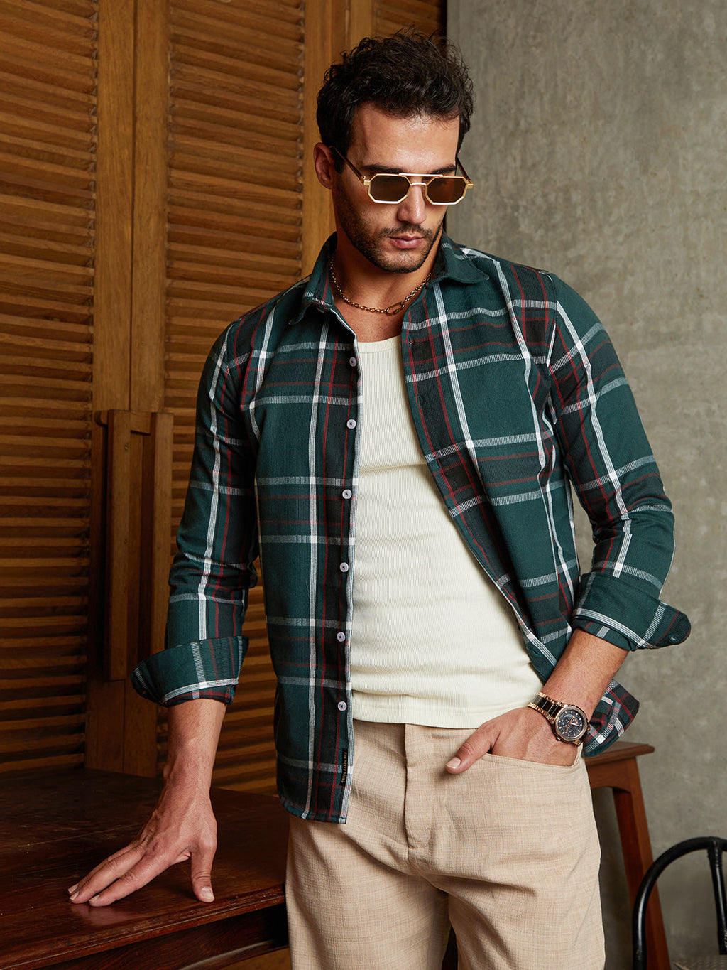 Ribbed-Plaid Relaxed Shirt
