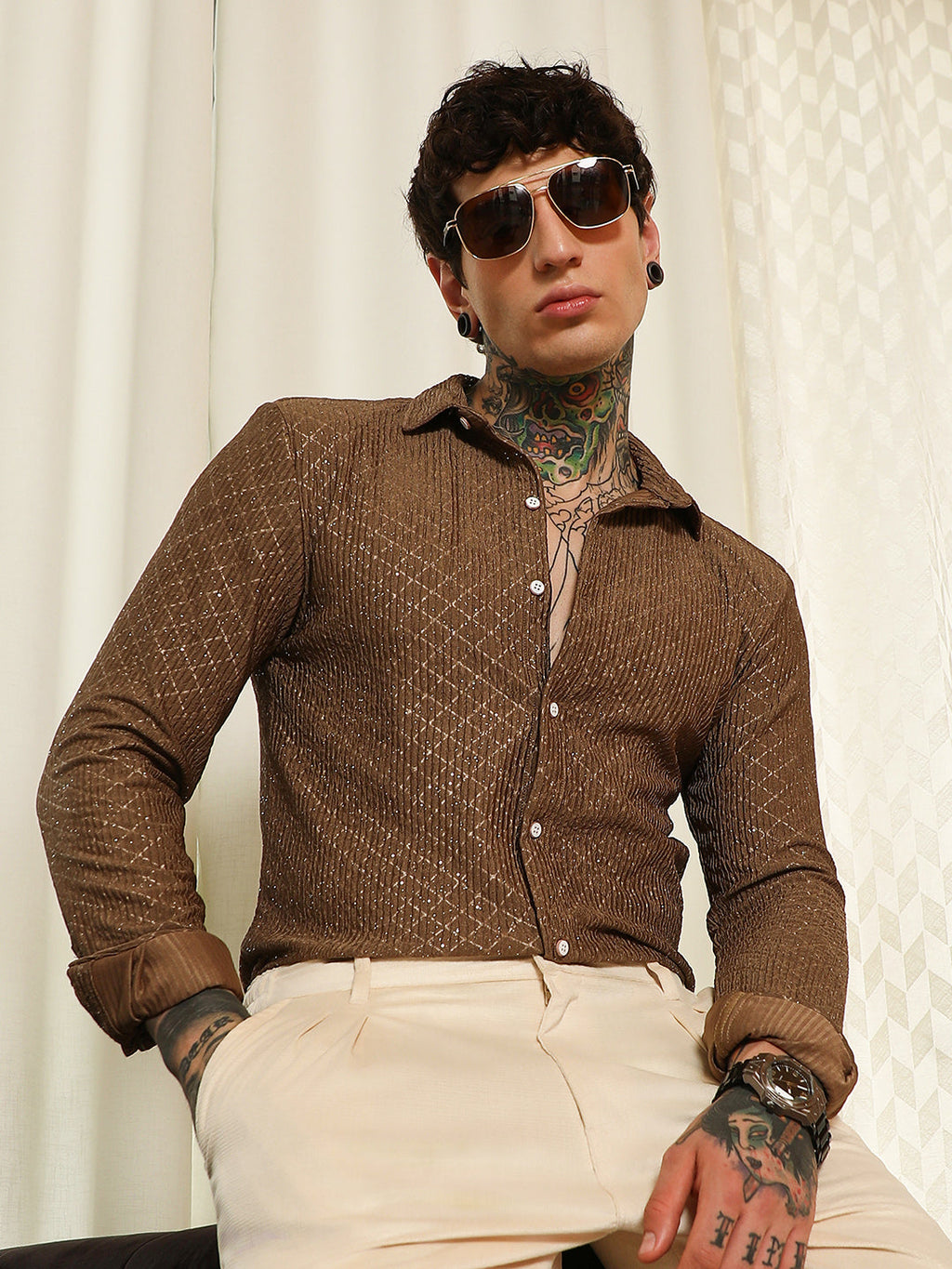 Brown Diamond Pattern Slim Fit Shirt