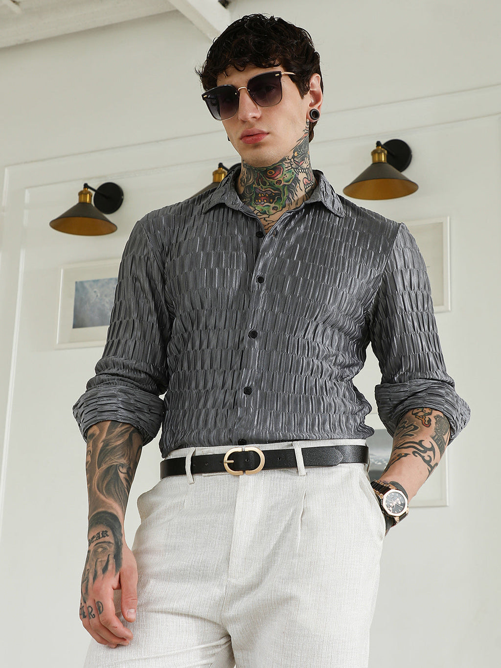 Textured Grey Slim Fit Full Sleeve Shirt