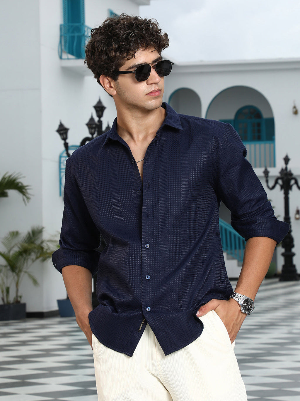 Geometric-Panel Jacquard Shirt
