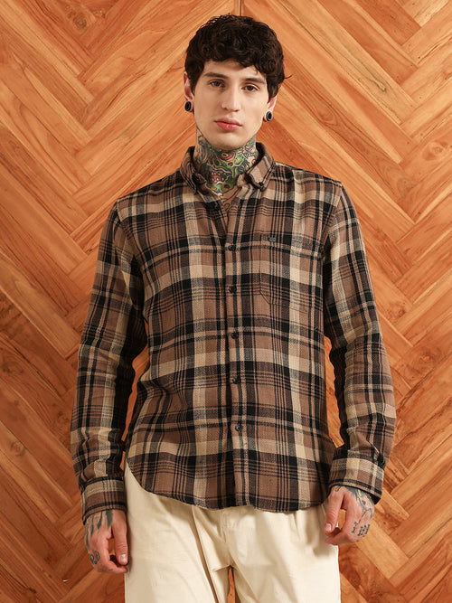 Brown Plaid Cotton Tailored Fit Shirt