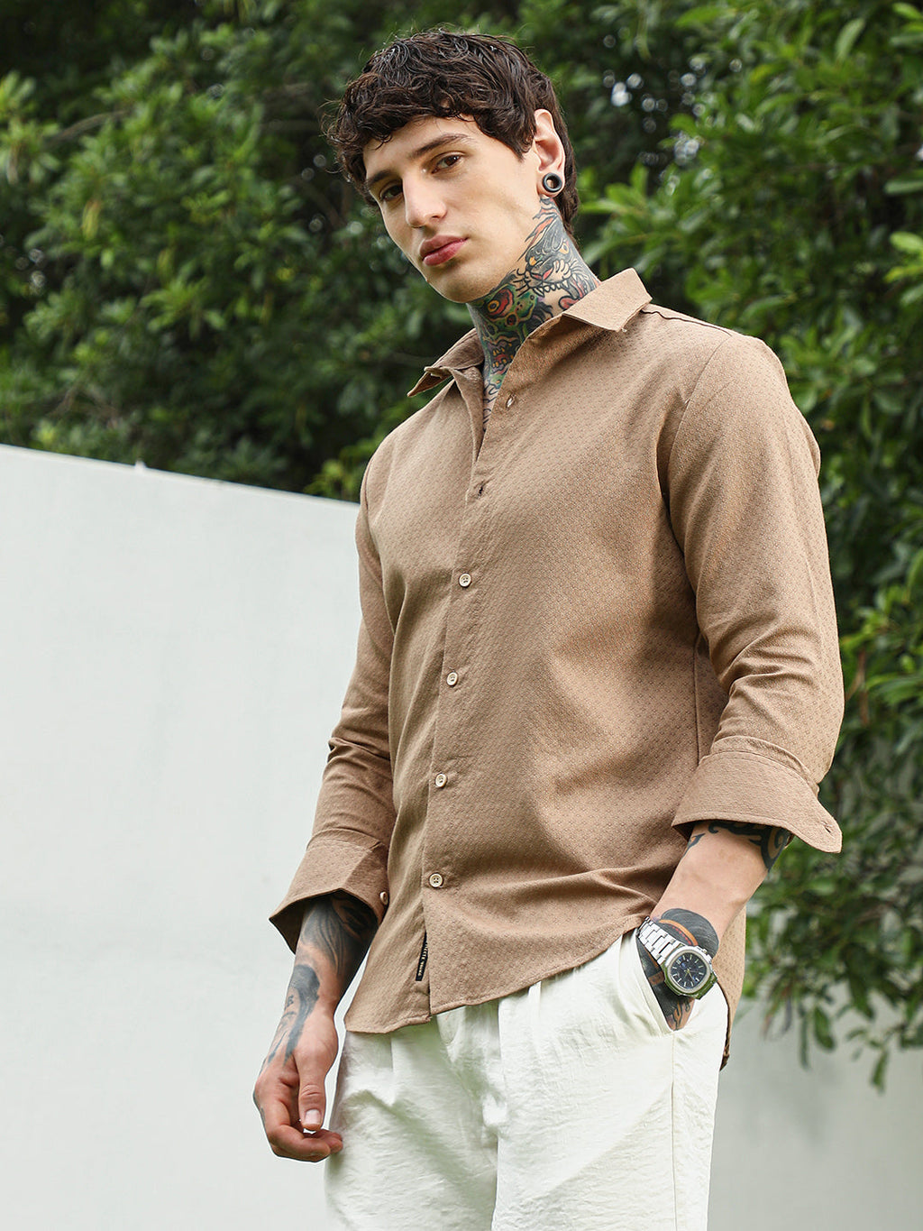 Beige Textured Cotton Blend Full Sleeve Shirt