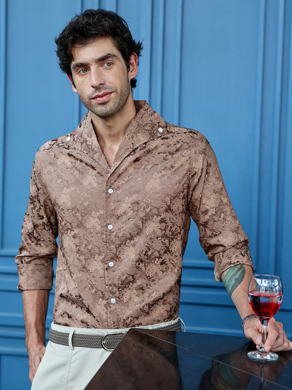 Men's Regular Fit Brown Abstract Pattern Cuban Collar Shirt