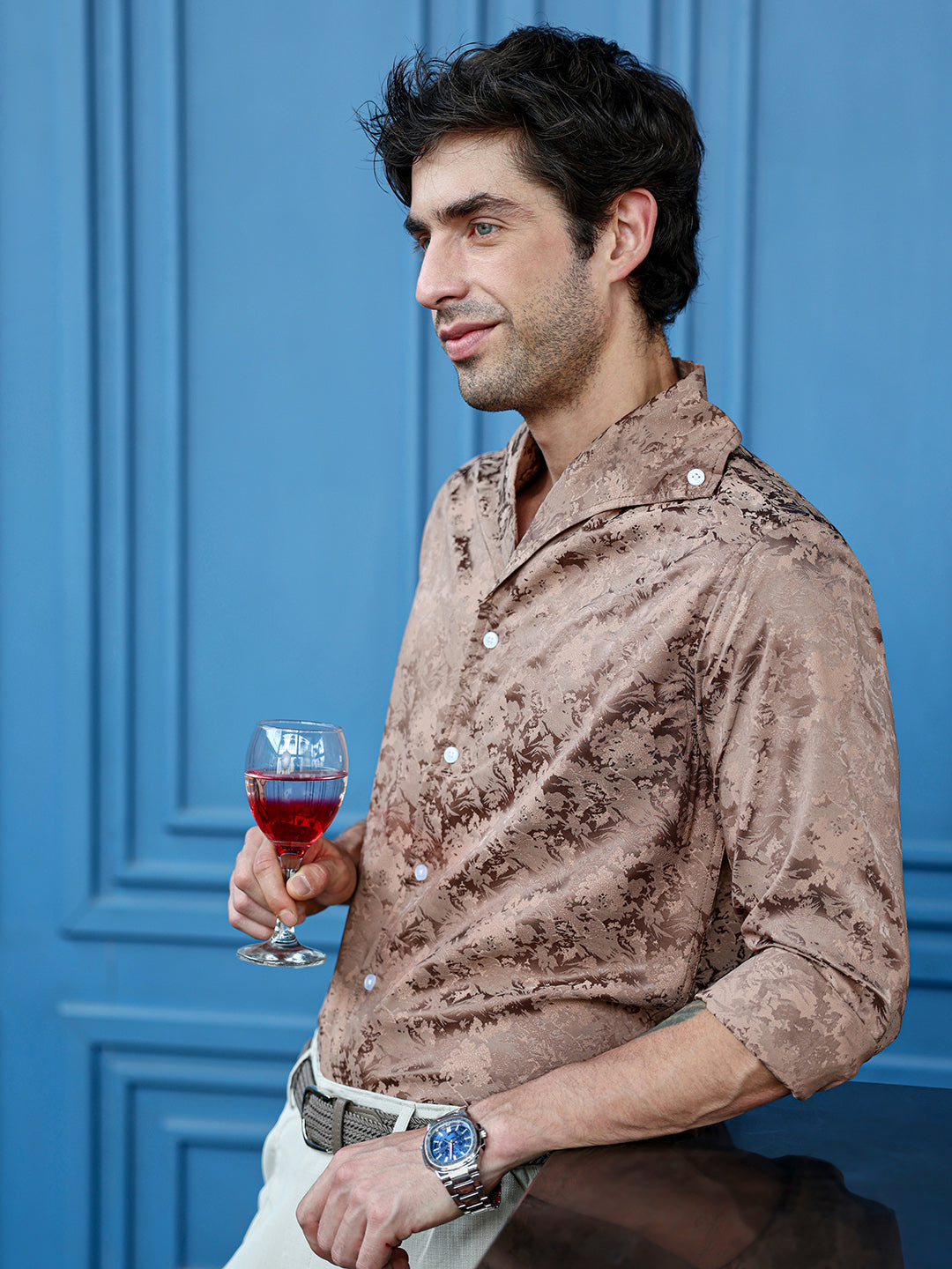 Men's Regular Fit Brown Abstract Pattern Cuban Collar Shirt