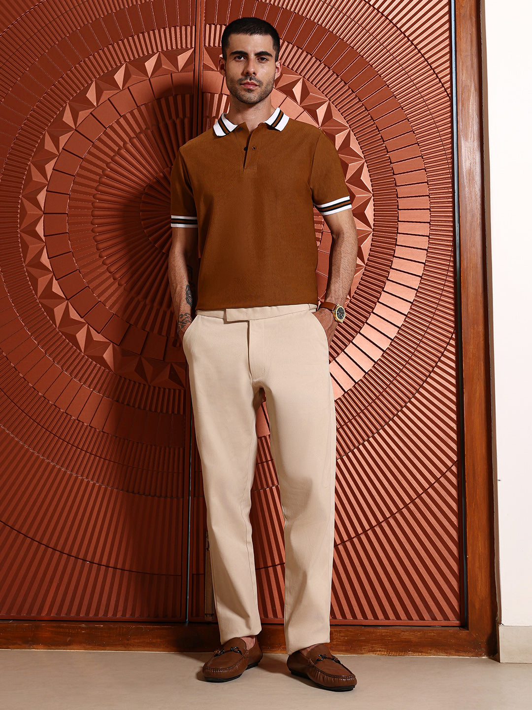 Beige Regular Fit Cotton Trousers