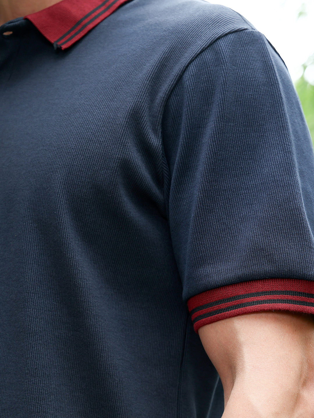 Contrast-Lined Ribbed Polo T-Shirt