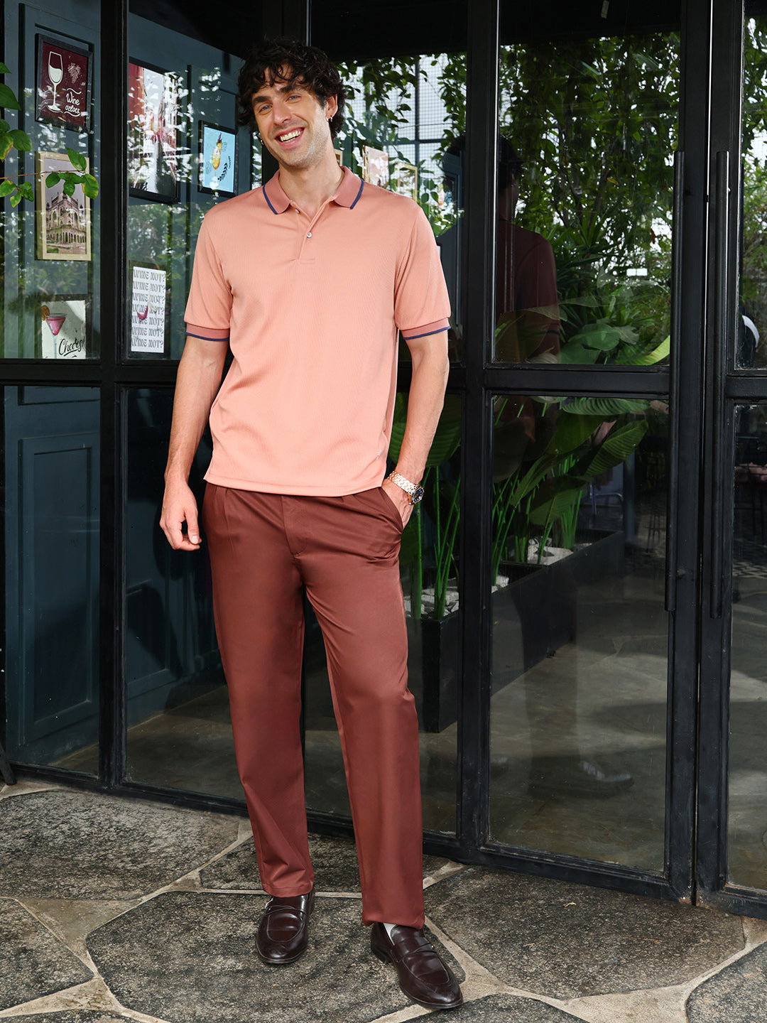 Contrast-Lined Ribbed Polo T-Shirt