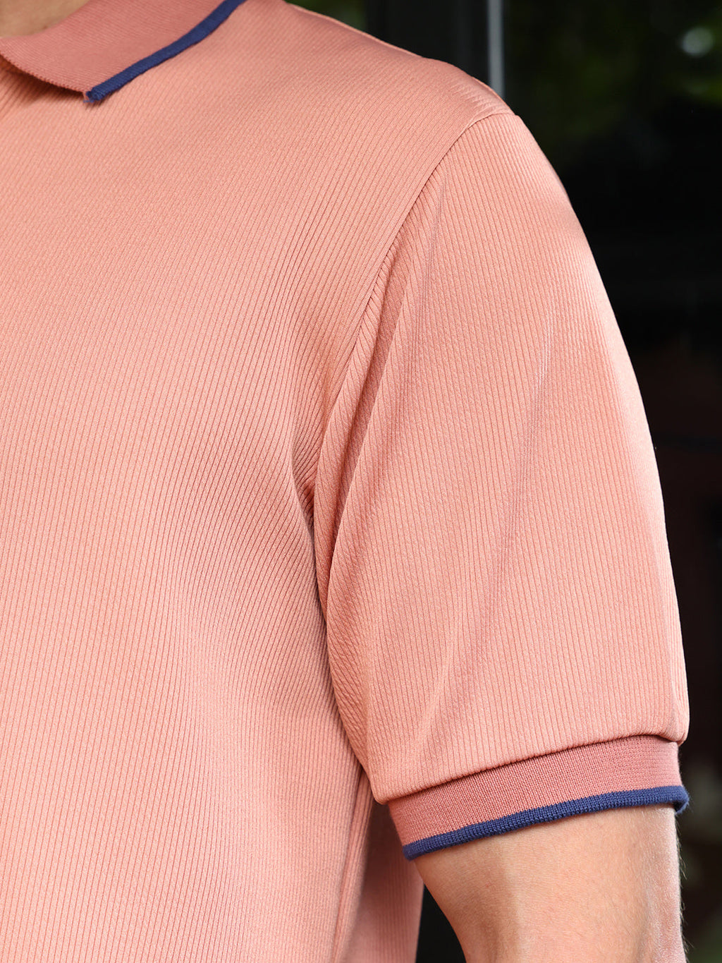 Contrast-Lined Ribbed Polo T-Shirt