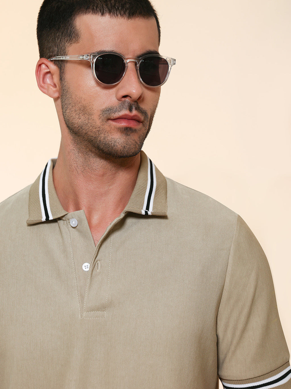 Beige Tipped Collar Short Sleeve Polycotton Stretch Polo T-shirt