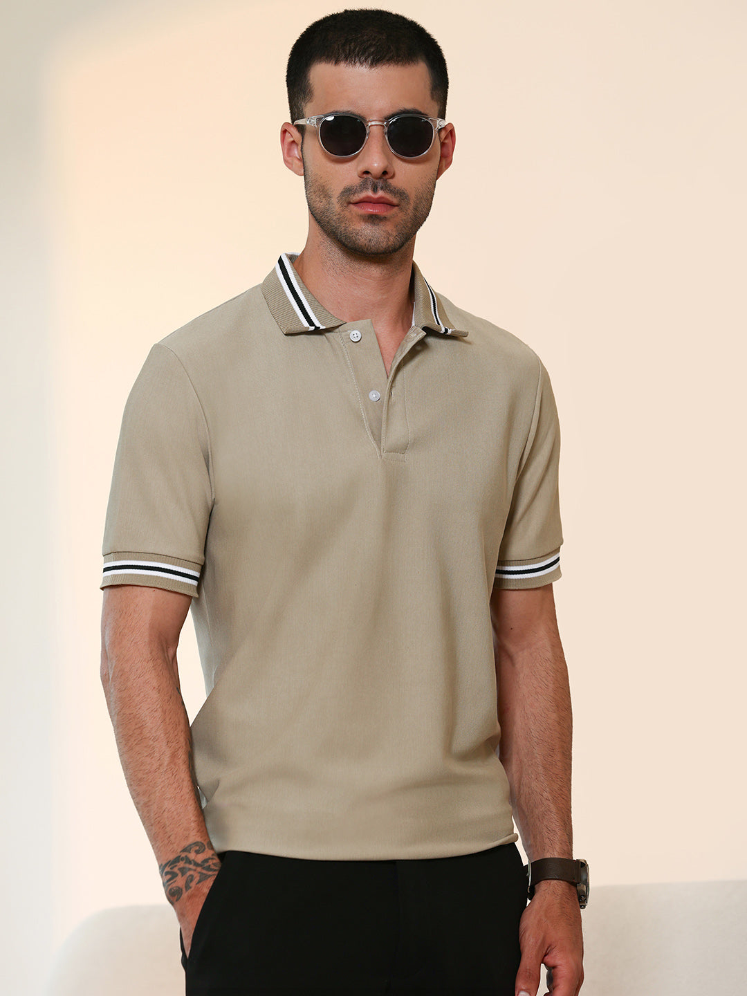 Beige Tipped Collar Short Sleeve Polycotton Stretch Polo T-shirt