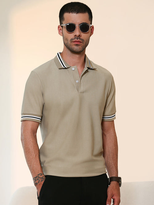 Beige Tipped Collar Short Sleeve Polycotton Stretch Polo T-shirt