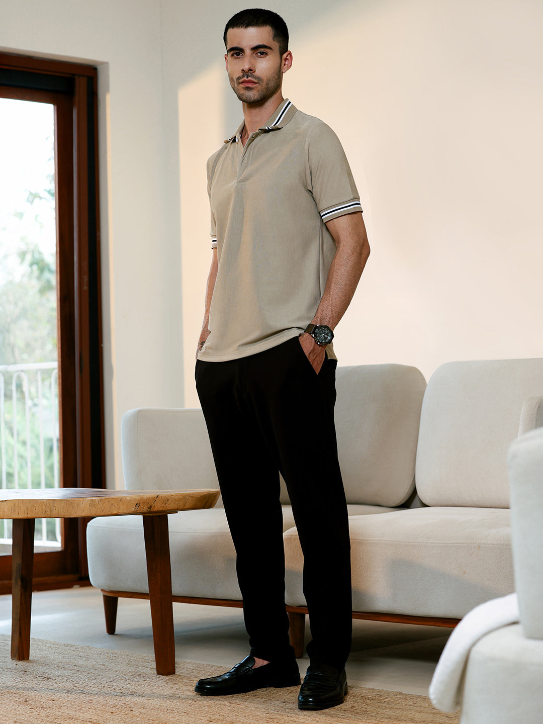 Beige Tipped Collar Short Sleeve Polycotton Stretch Polo T-shirt