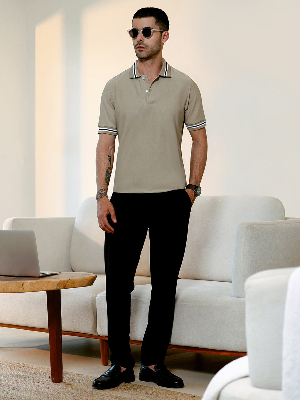 Beige Tipped Collar Short Sleeve Polycotton Stretch Polo T-shirt