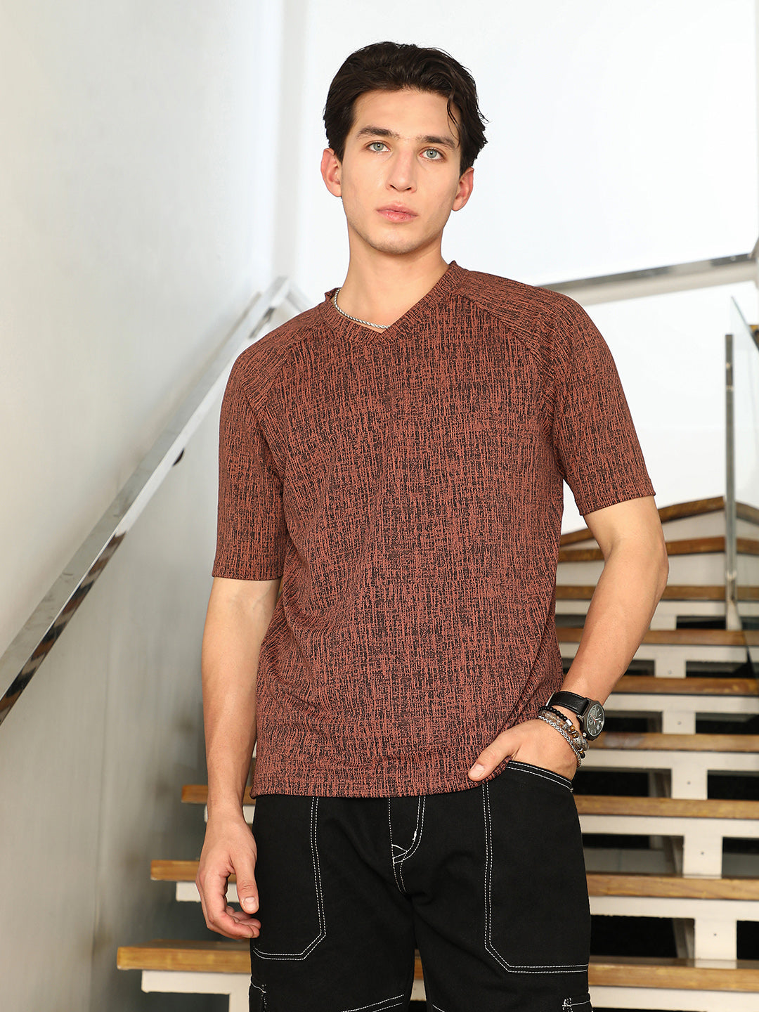 Contrast-Heathered Knitted T-Shirt