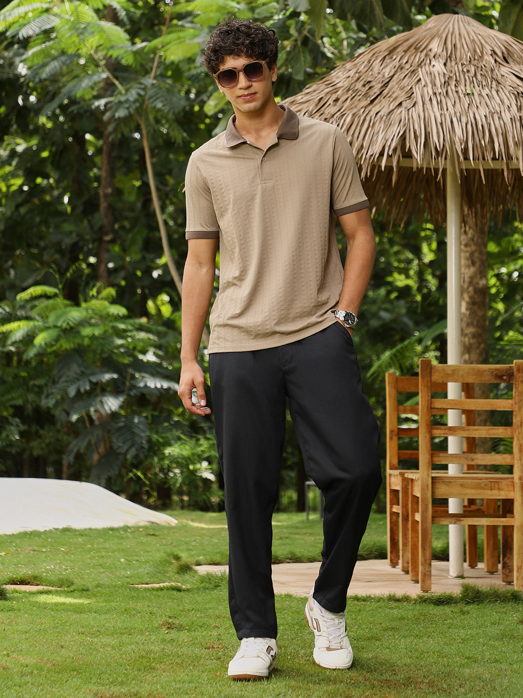 Rope-Lined Textured Polo T-Shirt