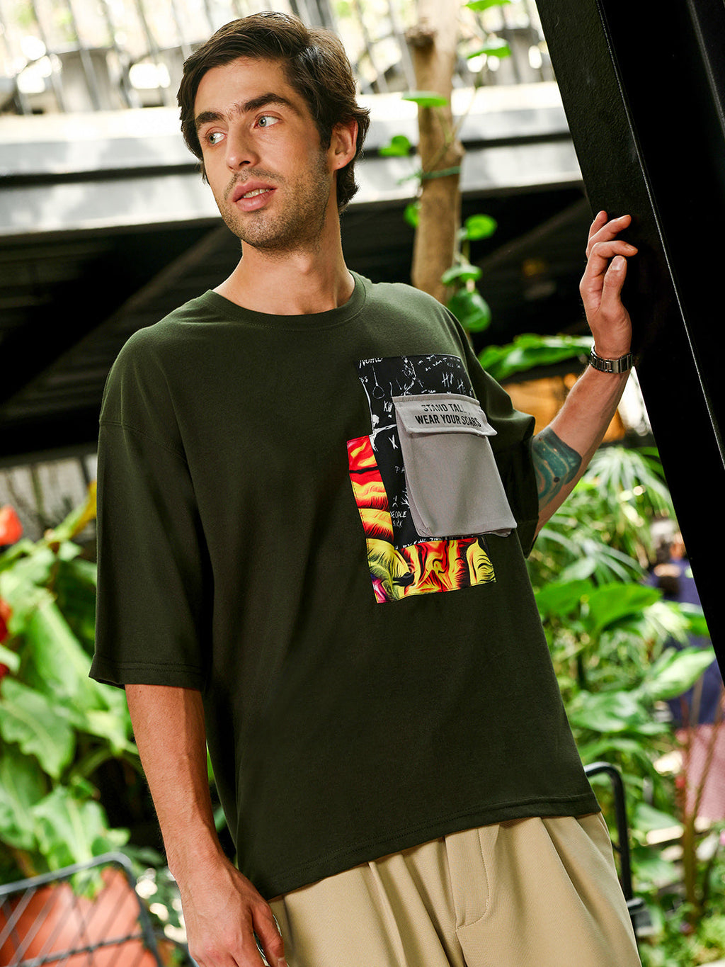 Men's Dark Olive Green Oversized Graphic Printed T-Shirt