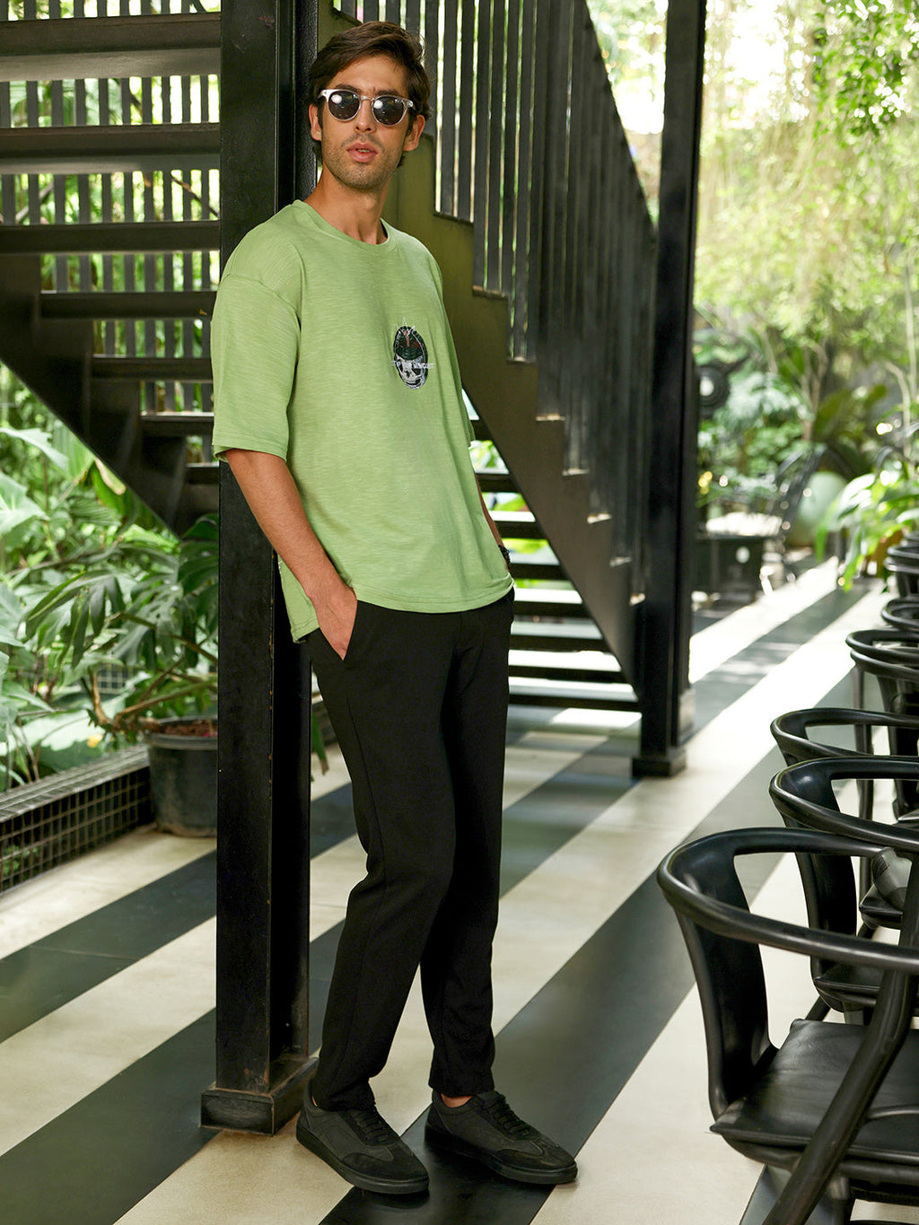 Men's Lime Green Oversized Graphic Print Crew Neck T-shirt