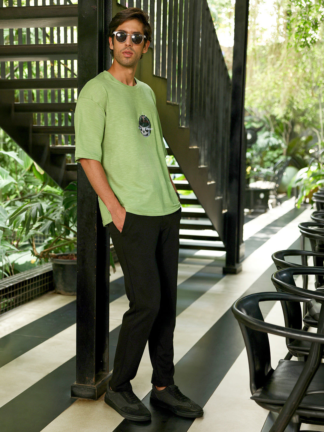 Men's Lime Green Oversized Graphic Print Crew Neck T-shirt