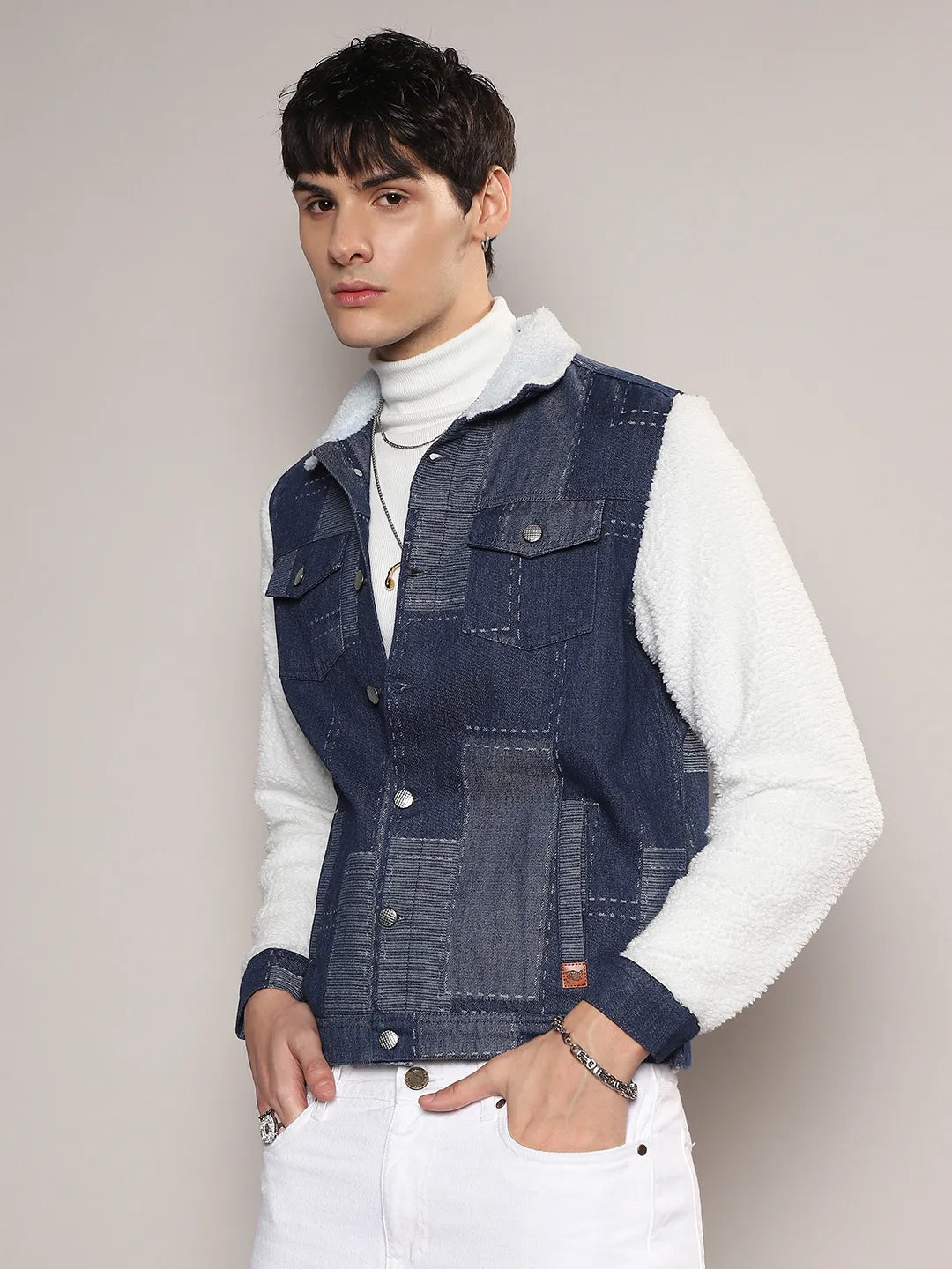 Fleece Block Denim Jacket