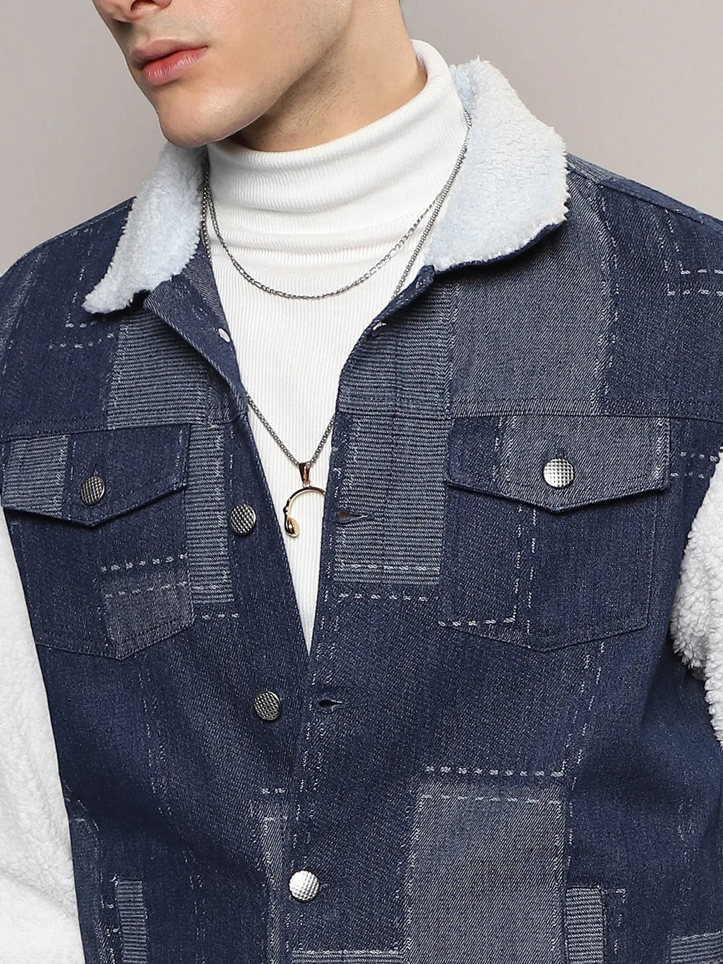 Fleece Block Denim Jacket