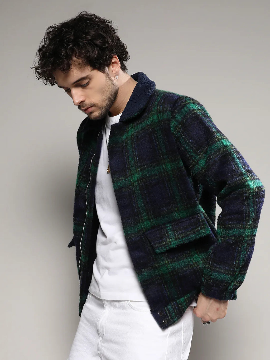 Tartan Plaid Jacket With Fleece Collar