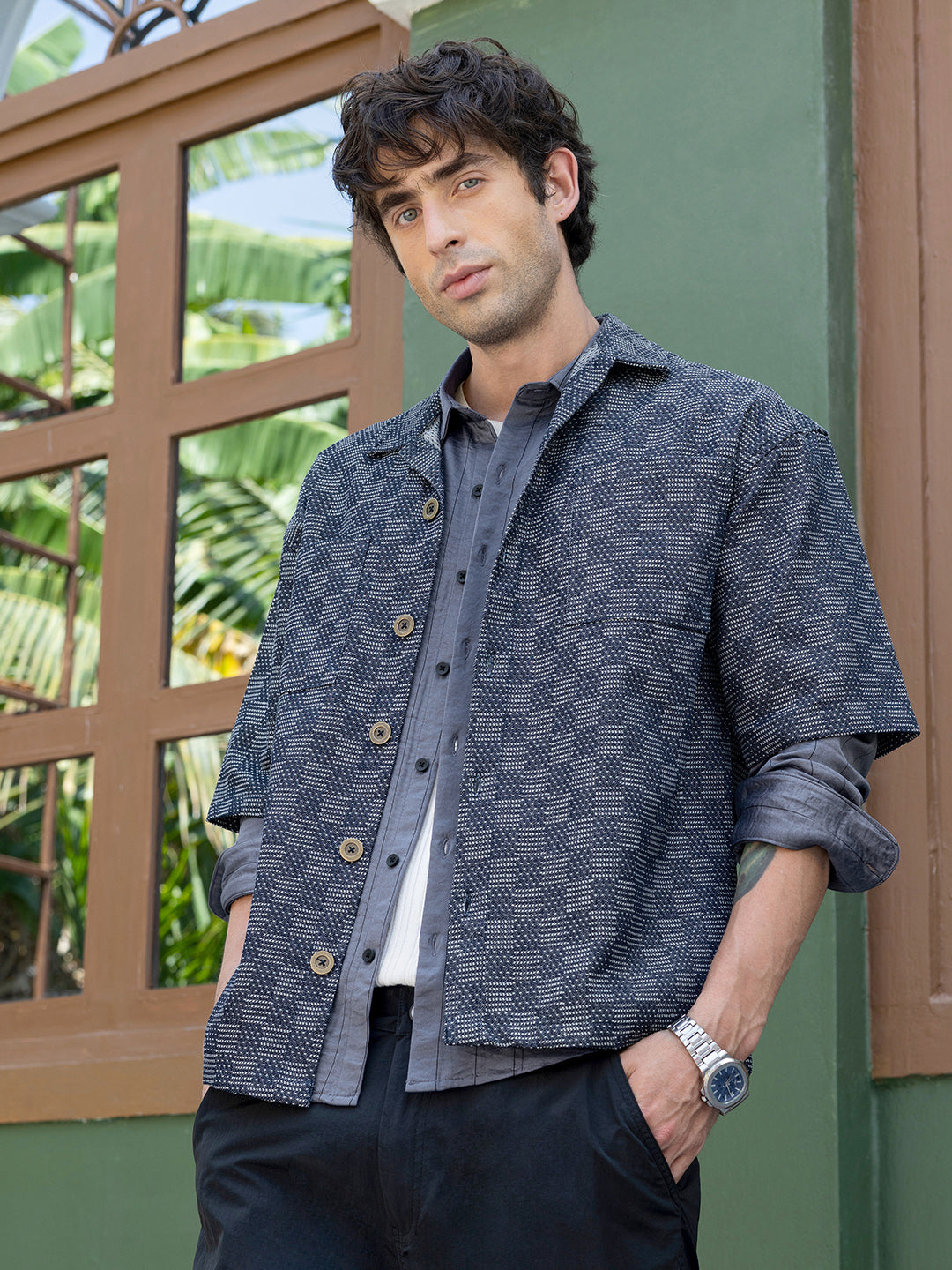 Men's Woven Geometric Pattern Cuban Collar Shirt