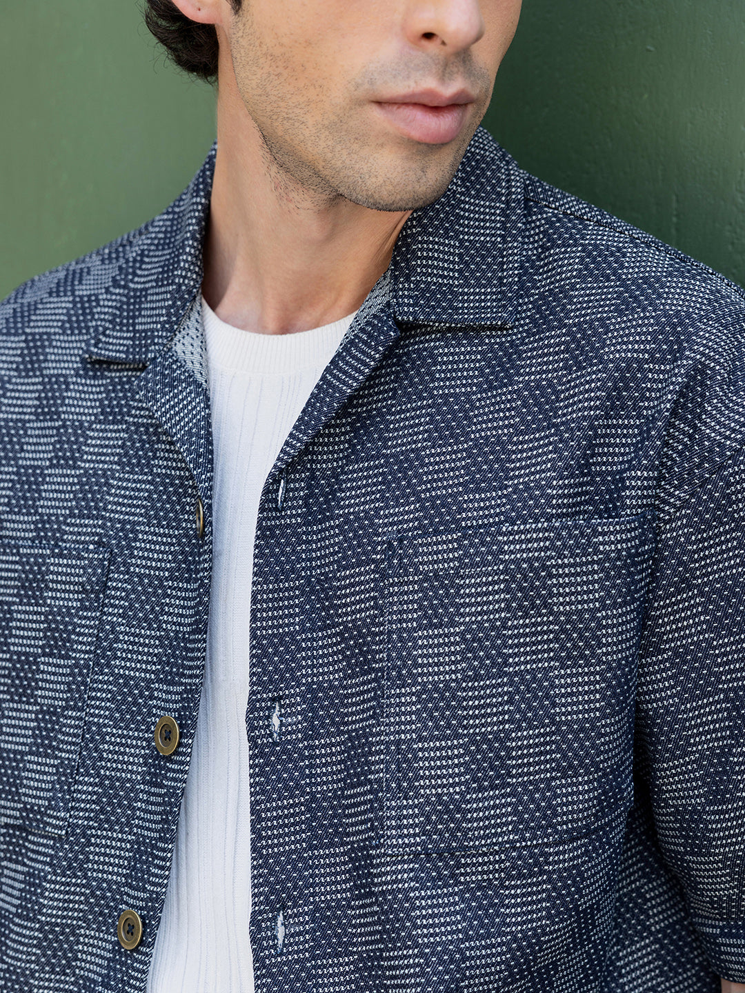 Men's Woven Geometric Pattern Cuban Collar Shirt