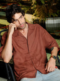 Men's Rust Self-Design Relaxed Fit Cuban Collar Shirt