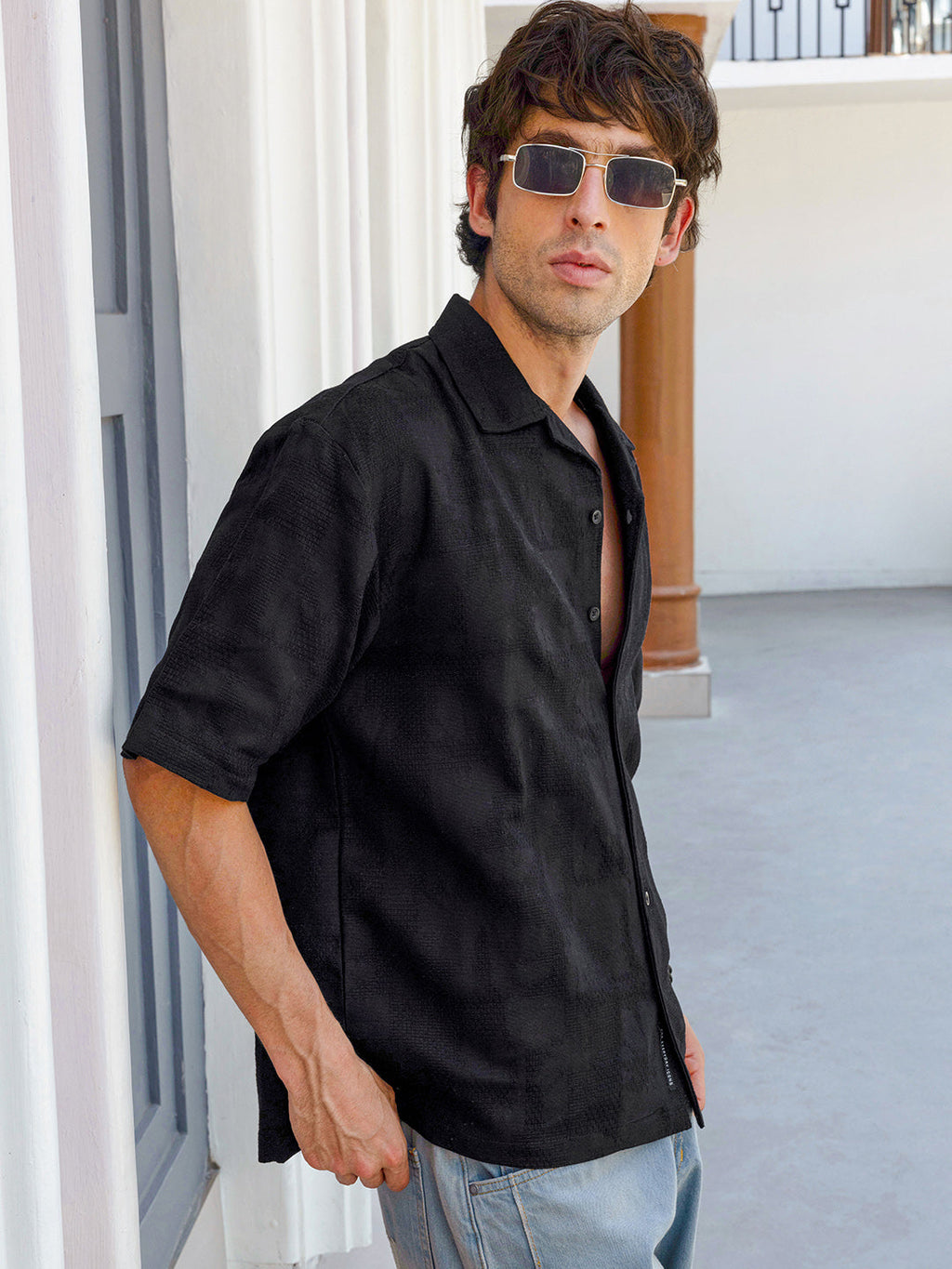 Men's Textured Cuban Collar Relaxed Fit Shirt