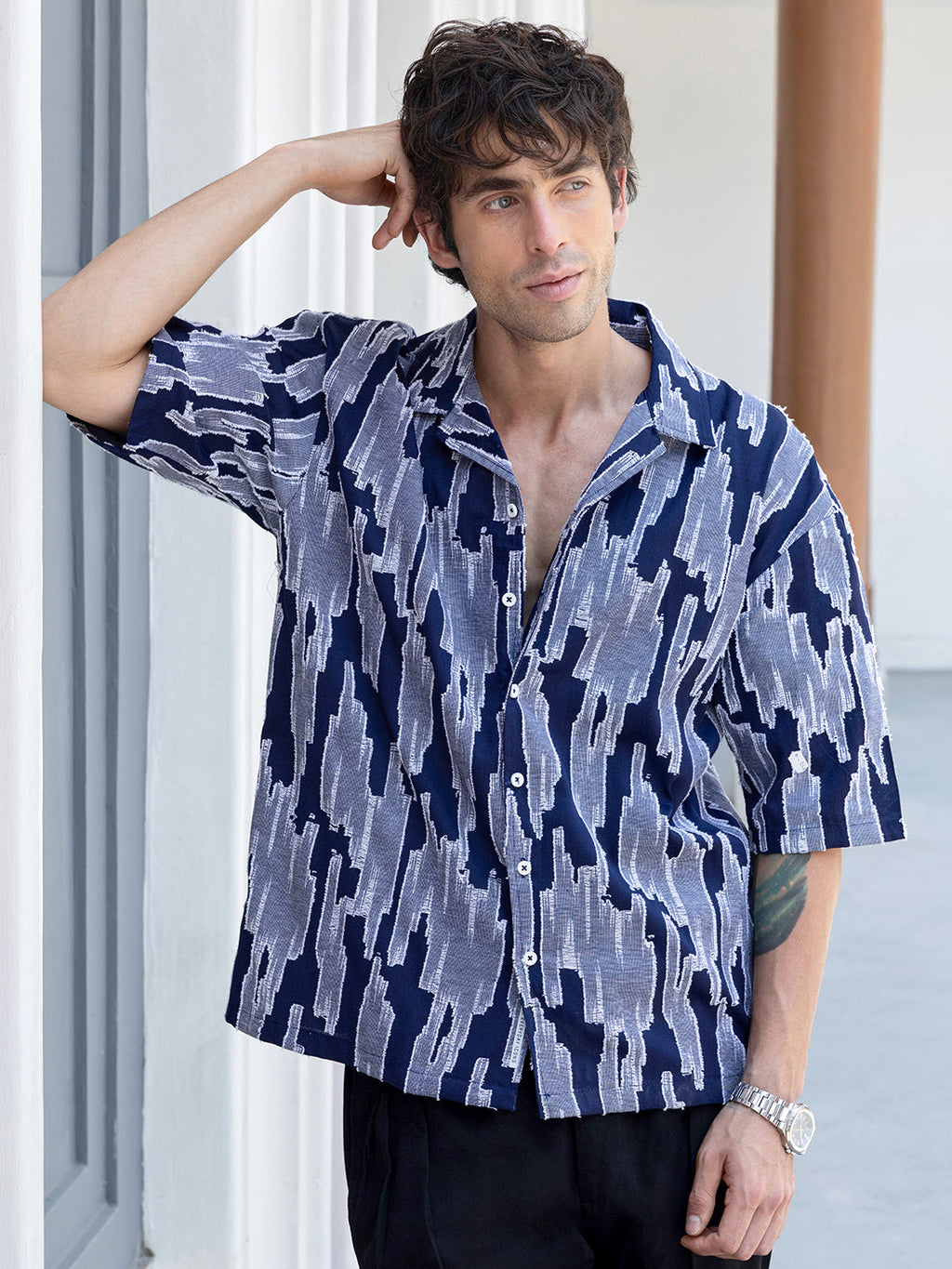 Men's Abstract Print Cuban Collar Shirt