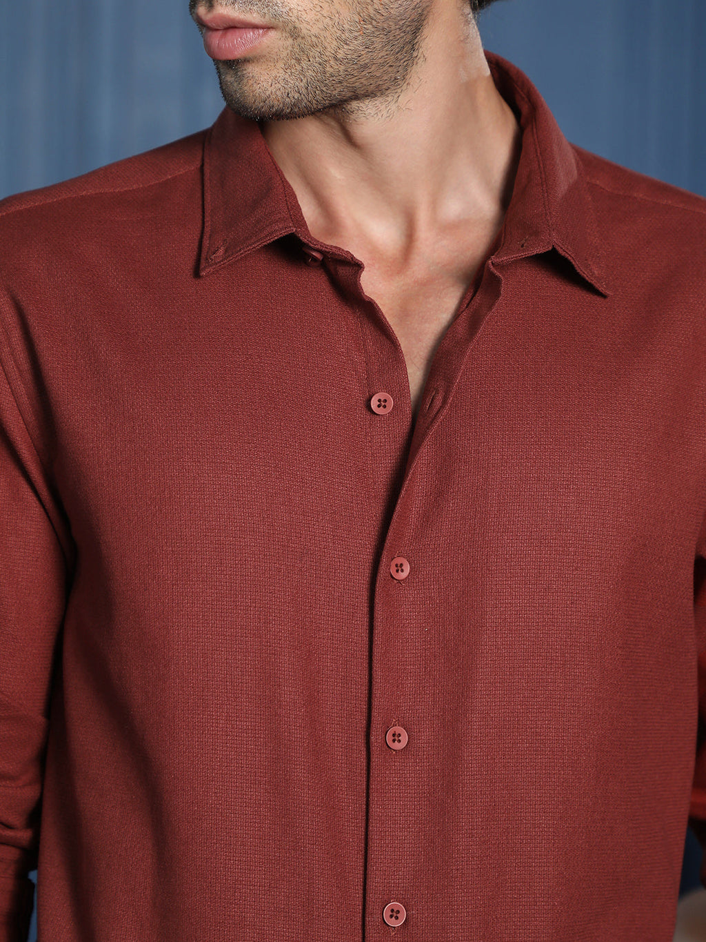 Men's Solid Rust Red Textured Cotton Casual Shirt