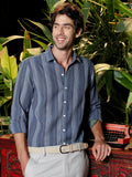 Men's Blue Textured Vertical Stripe Casual Shirt