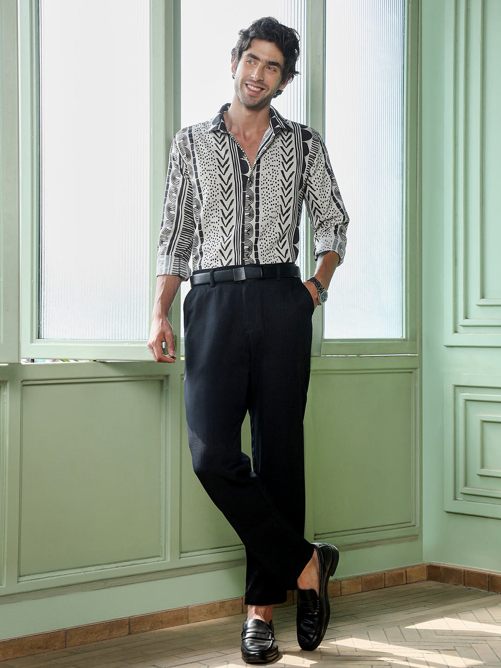 Men's Abstract Print Cuban Collar Casual Shirt