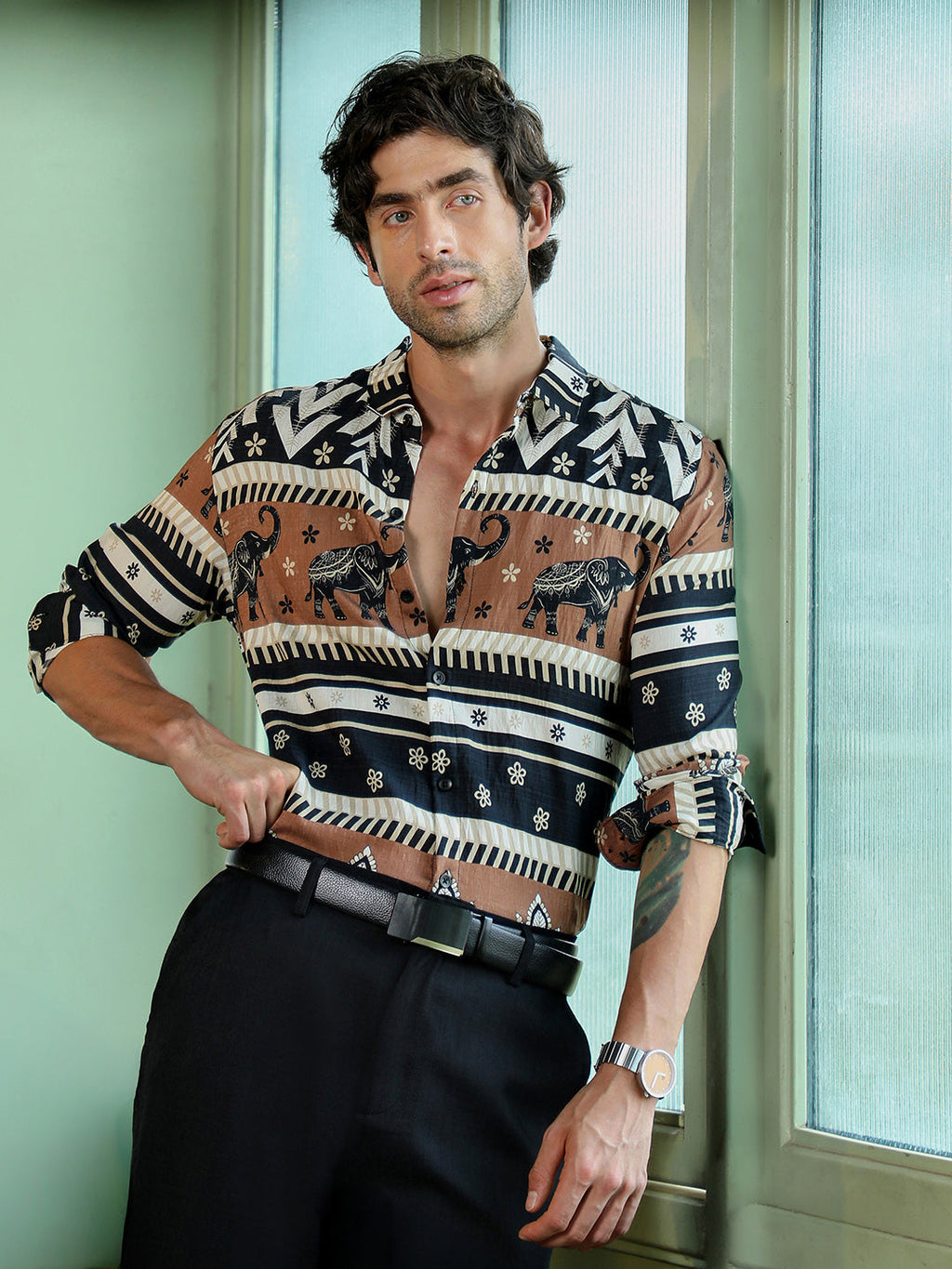 Men's Ethnic Elephant Print Full Sleeve Casual Shirt
