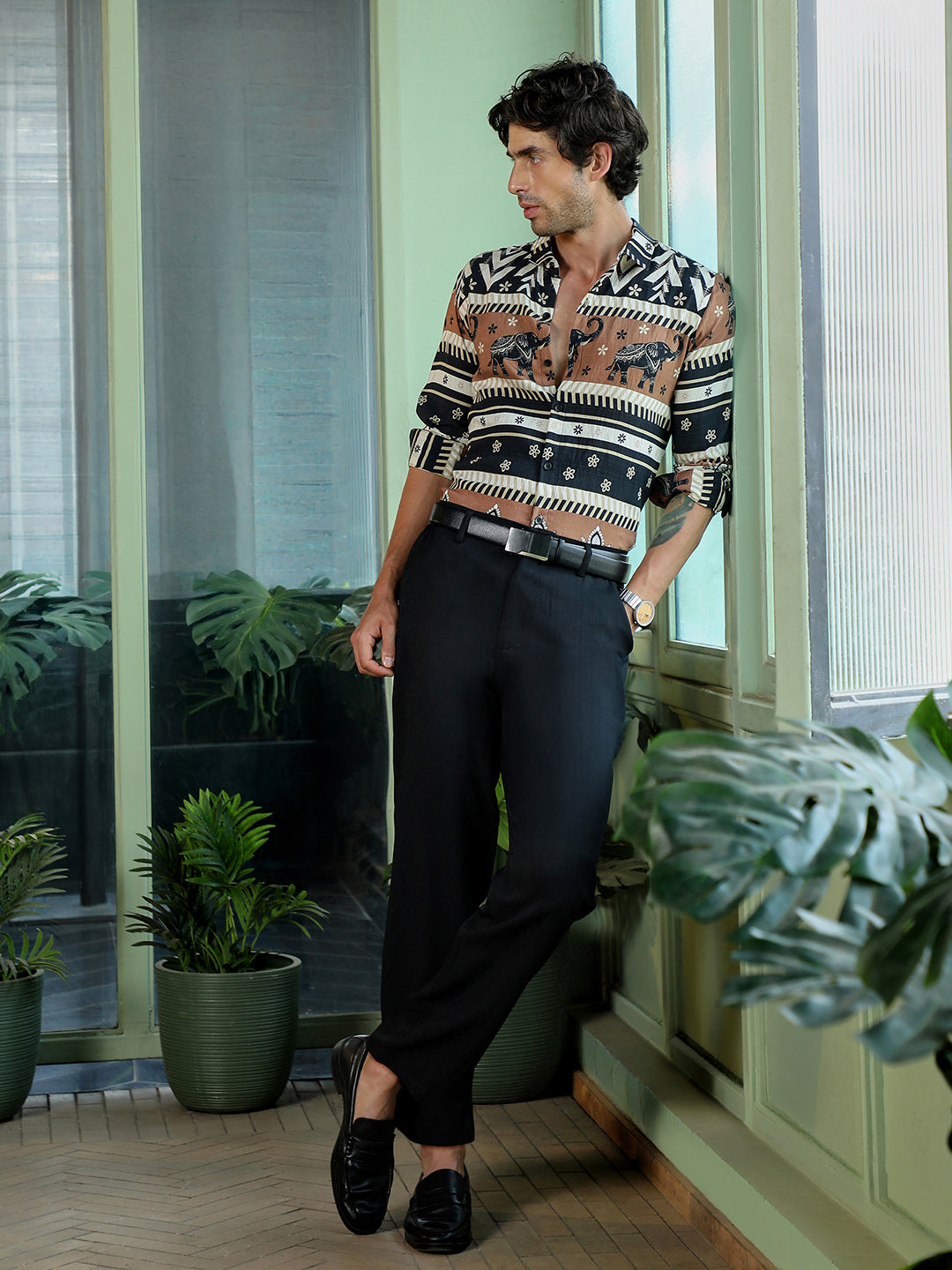 Men's Ethnic Elephant Print Full Sleeve Casual Shirt
