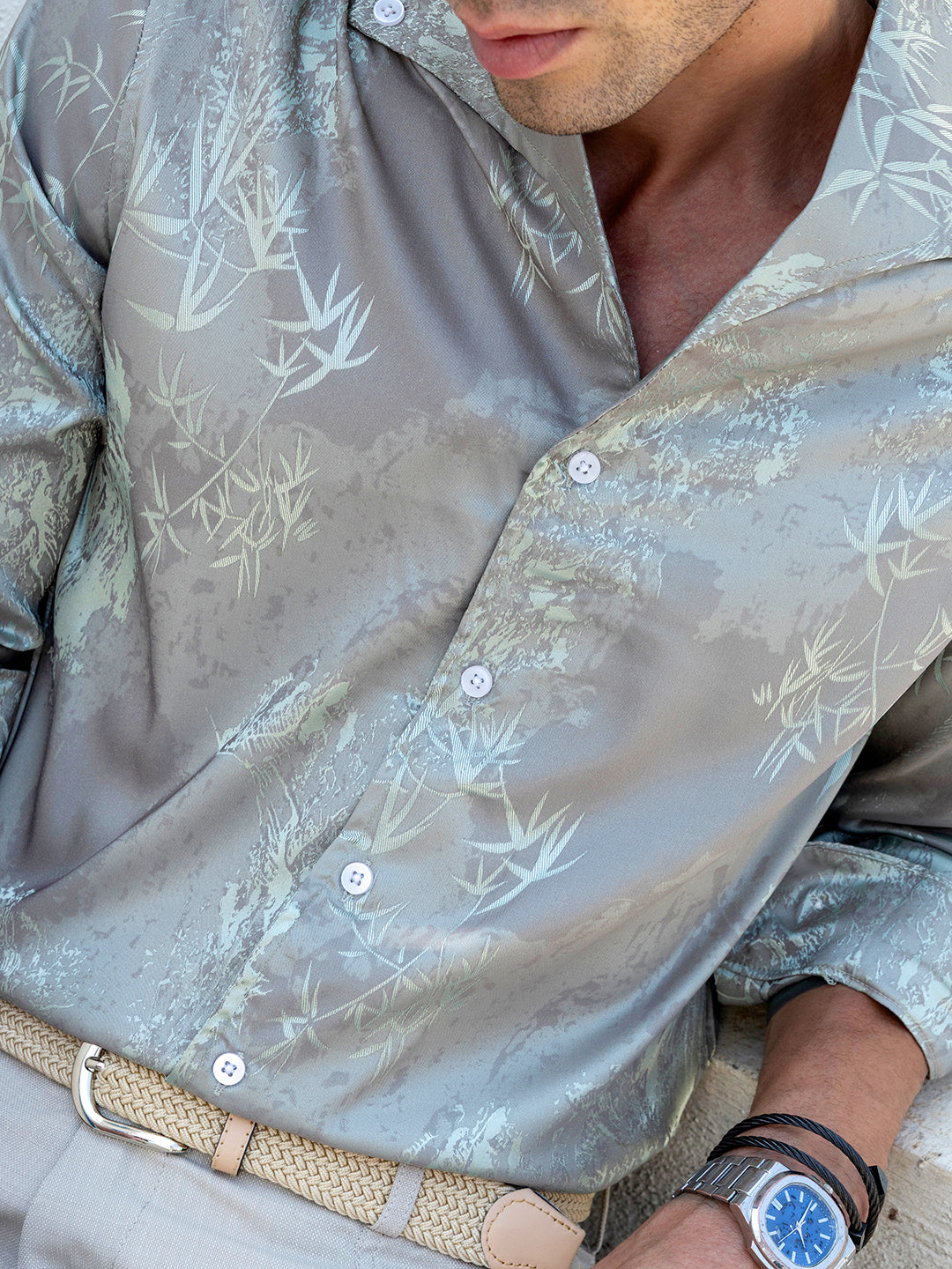 Men's Sage Green Bamboo Print Full Sleeve Casual Shirt