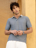 Men's Blue Chevron Textured Cotton Blend Polo T-Shirt