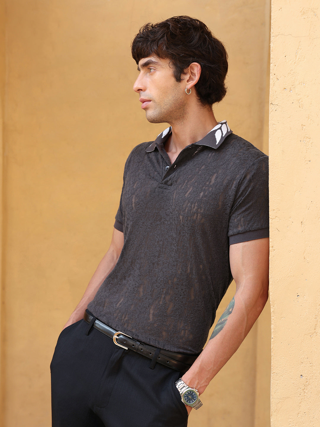 Men's Charcoal Grey Burnout Textured Polo T-shirt