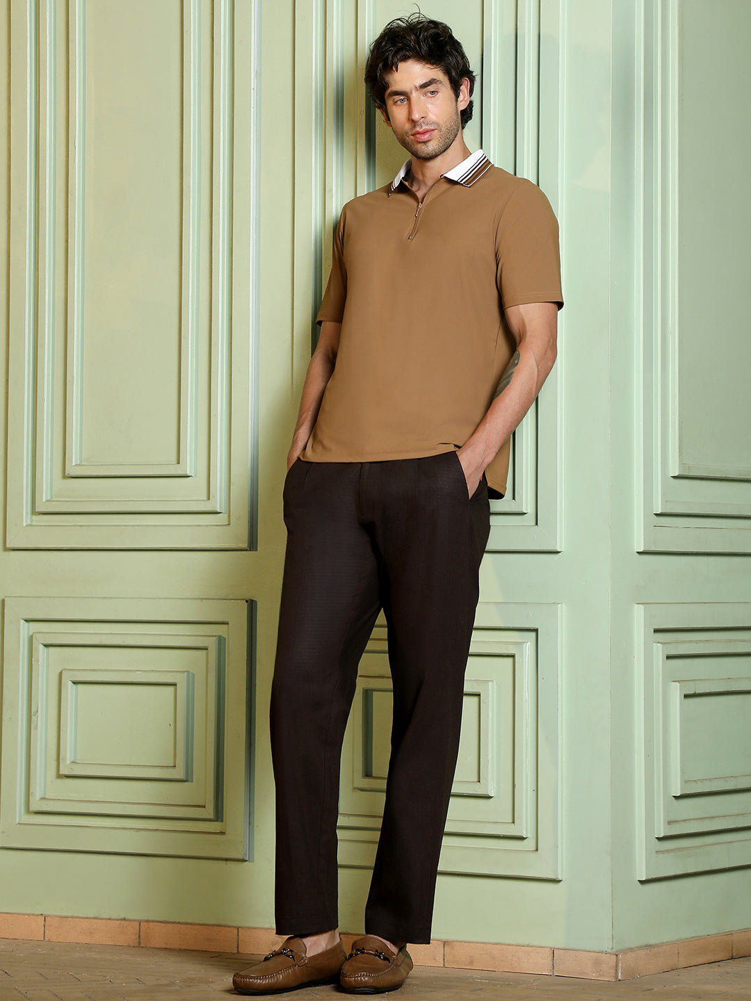 Men's Brown Textured Technical Knit Half-Zip Polo T-shirt